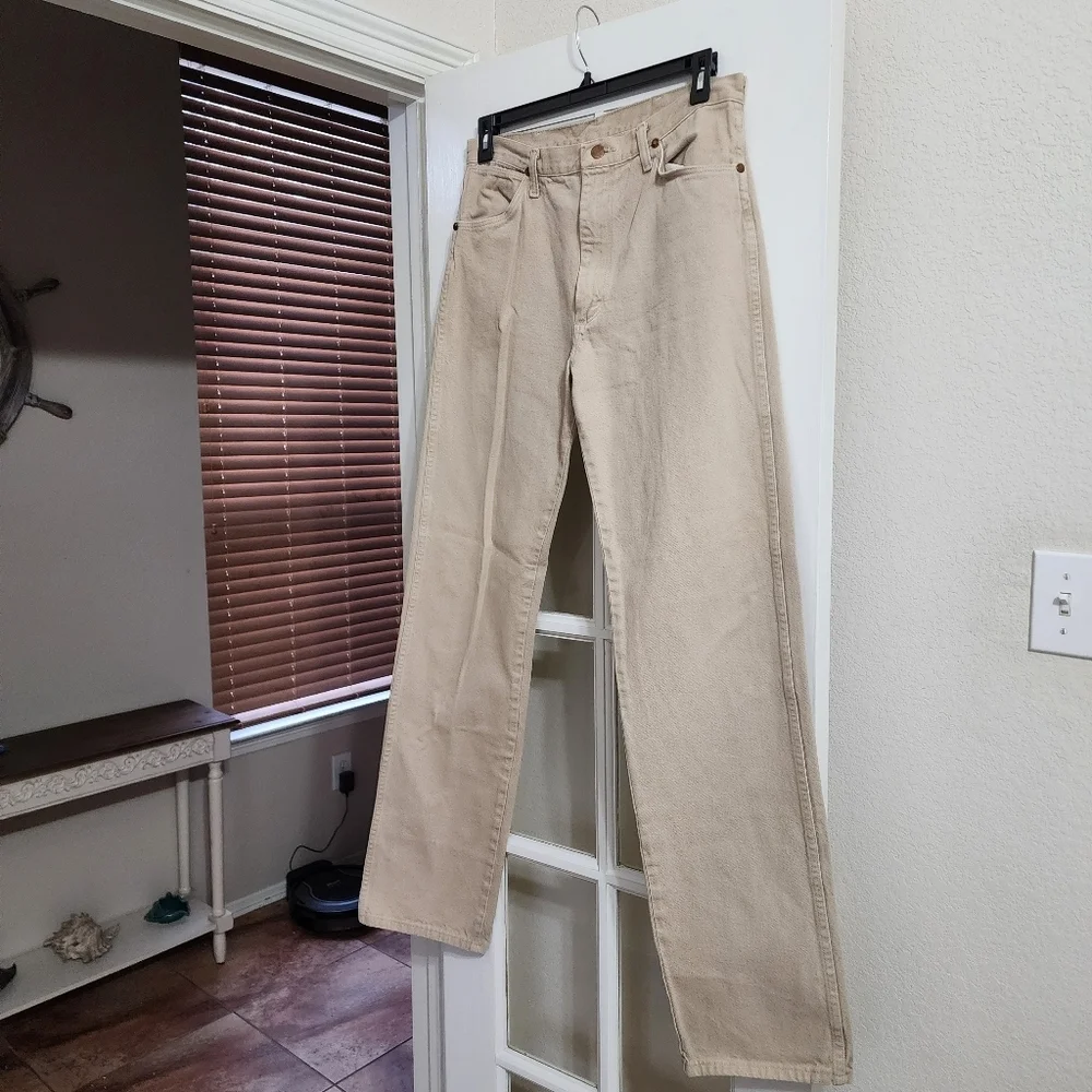 Vintage Wrangler USA Made Tan Beige Denim Jeans Men’s 34x38 Tall Straight Leg